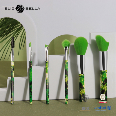 Ensemble de pinceaux de maquillage de 6 pièces d'impression de roulement complet pinceau cosmétique de cheveux synthétiques verts
