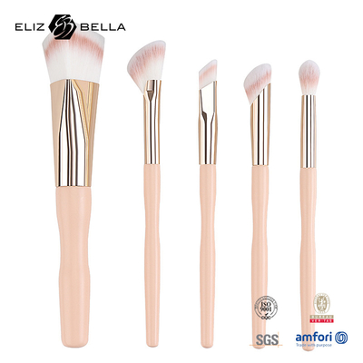 5pcs Prix d'usine Logo personnalisé 100% Cheveux synthétiques Vegan Maquillage du visage et des yeux, Un ensemble de pinceau, poignée en bois et ferrule en aluminium