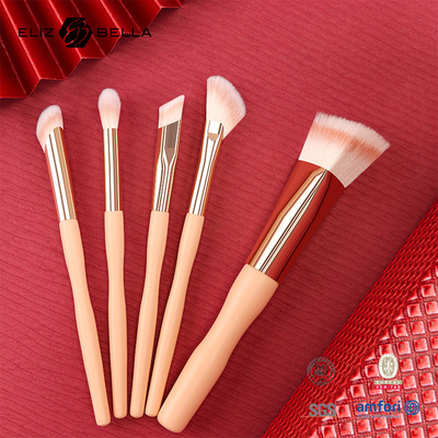 5pcs Prix d'usine Logo personnalisé 100% Cheveux synthétiques Vegan Maquillage du visage et des yeux, Un ensemble de pinceau, poignée en bois et ferrule en aluminium