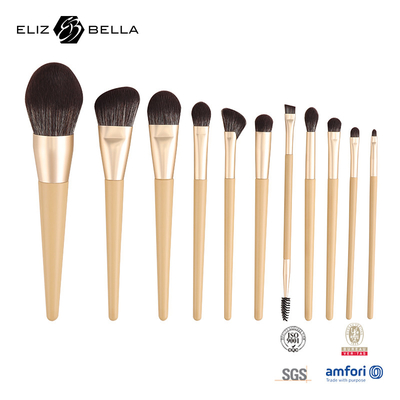 11 pièces de maillot en bois maquillage et brosses de beauté ensemble de ferrule en aluminium brosses cosmétiques, ensemble de brosses de cheveux synthétiques