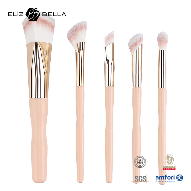 5pcs Prix d'usine Logo personnalisé 100% Cheveux synthétiques Vegan Maquillage du visage et des yeux, Un ensemble de pinceau, poignée en bois et ferrule en aluminium