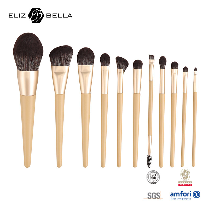 11 pièces de maillot en bois maquillage et brosses de beauté ensemble de ferrule en aluminium brosses cosmétiques, ensemble de brosses de cheveux synthétiques