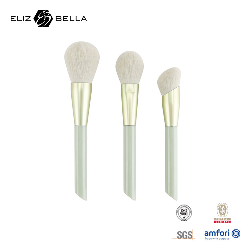 3pcs de pinceau de maquillage personnalisé pour la poudre, le blush, le pinceau de contour, le manche en plastique et la ferrule en aluminium