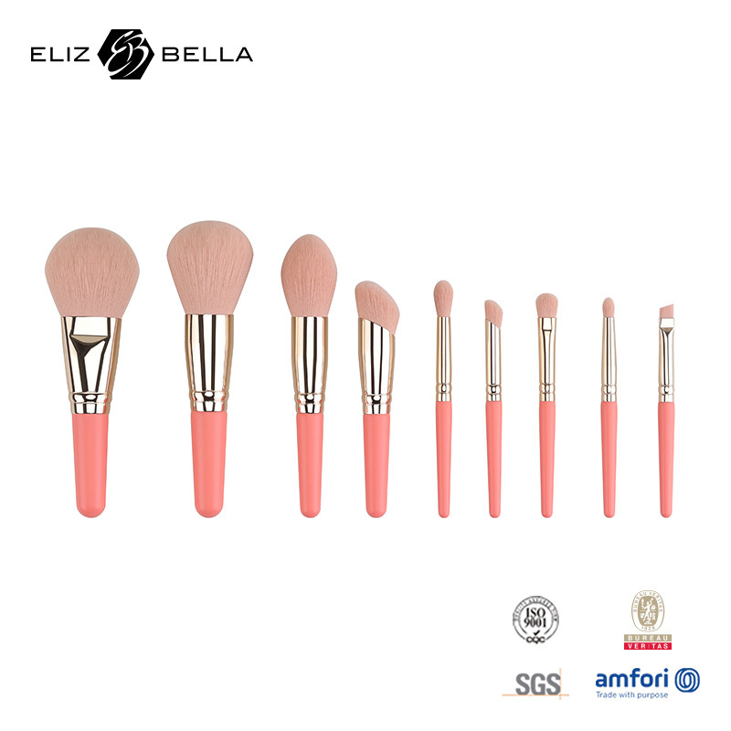 9PCS Cute Brushes de maquillage avec une poignée de bois courte 100% de cheveux synthétiques OEM
